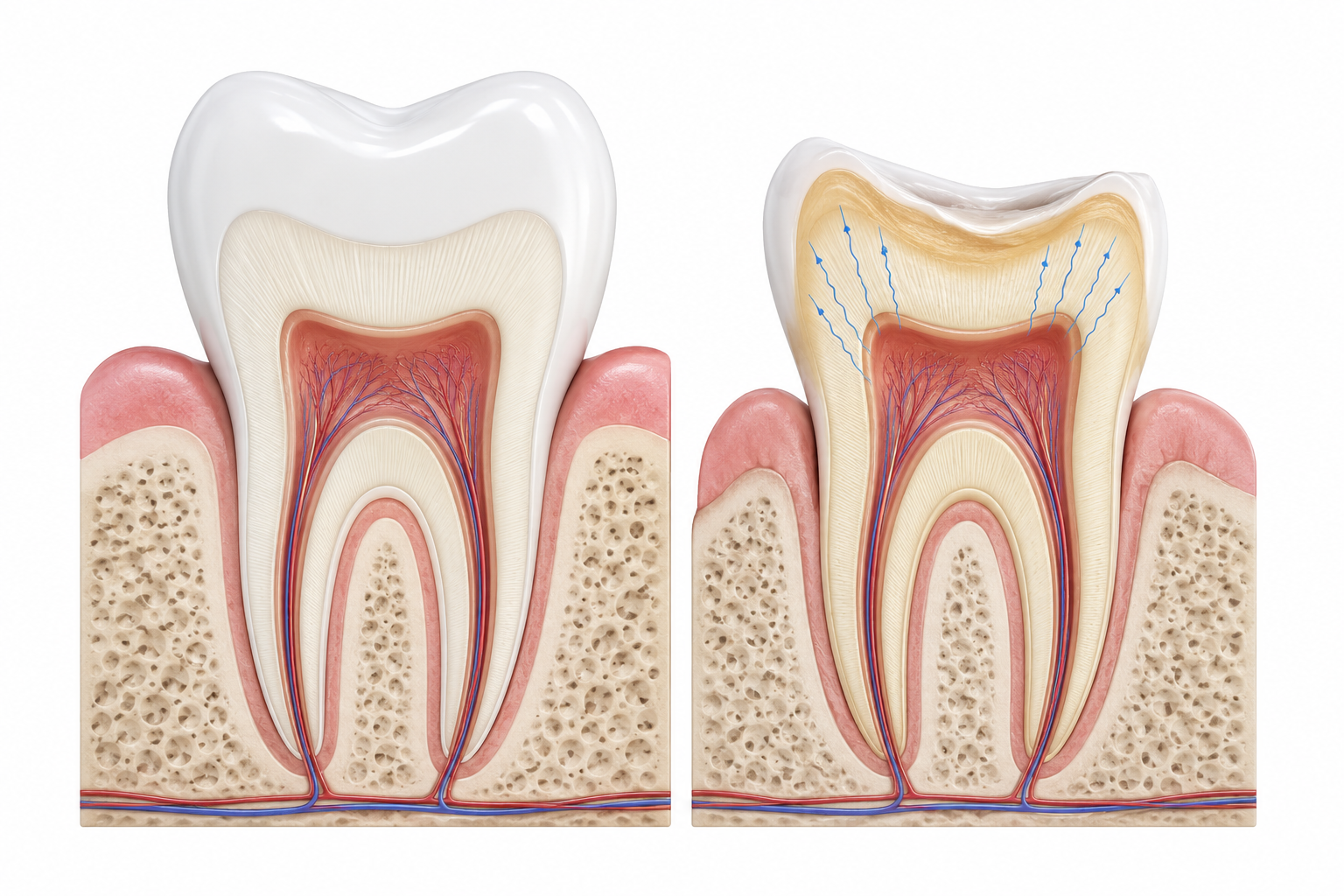 Healthy tooth compared to a sensitive tooth with worn enamel and gum recession exposing the dentin